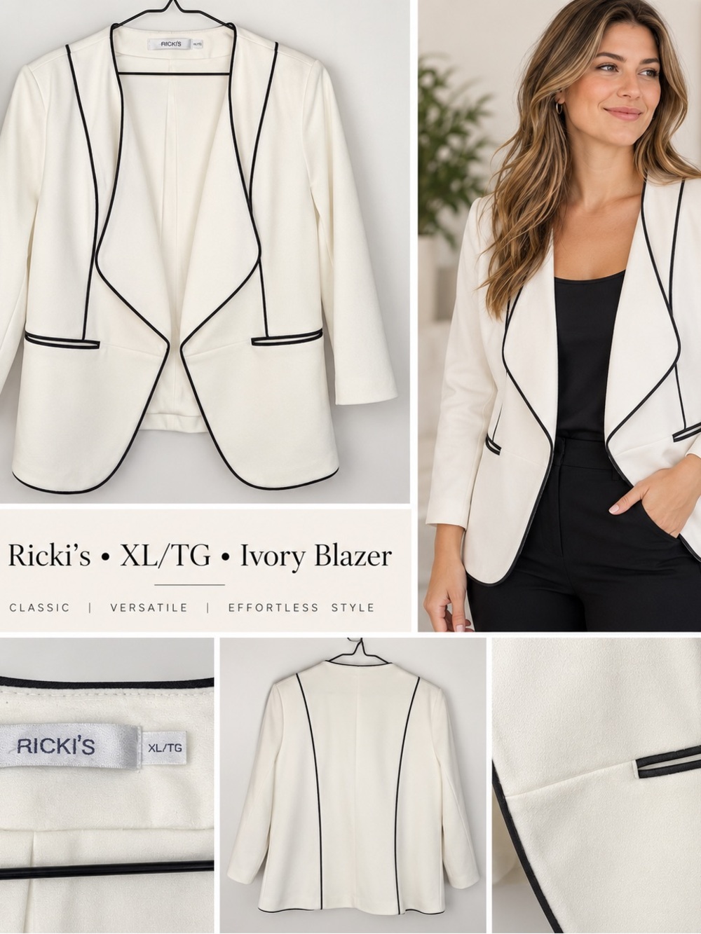 Ricki's Ivory Blazer with Black Piping Trim